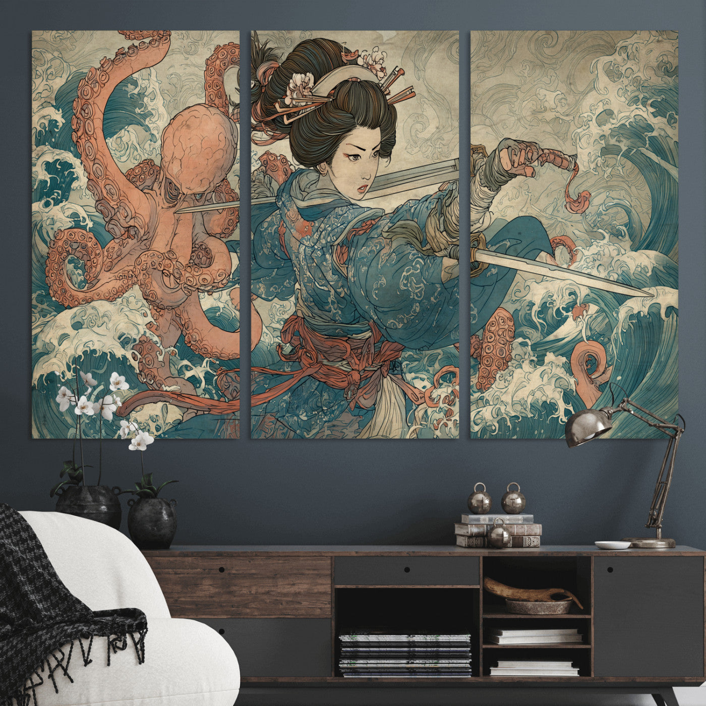 Tsukioka Yoshitoshi Samurai Wall Art Print, Japanese Katana Warrior Canvas Wall Art, Octopus Sea Monster Canvas Print,