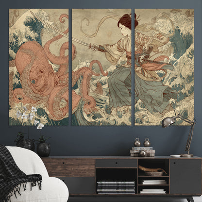Tsukioka Yoshitoshi Samurai Wall Art Print, Japanese Katana Warrior Canvas Wall Art, Octopus Sea Monster Canvas Print,