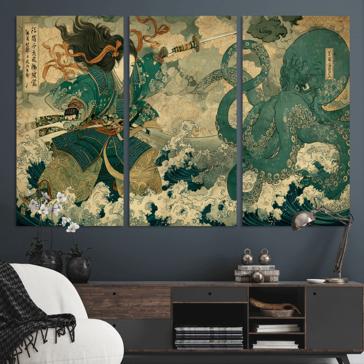 Tsukioka Yoshitoshi Samurai Wall Art Print, Japanese Katana Warrior Canvas Wall Art, Octopus Sea Monster Canvas Print,