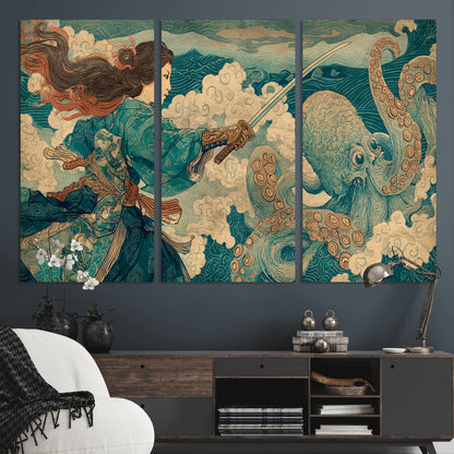 Tsukioka Yoshitoshi Samurai Wall Art Print, Japanese Katana Warrior Canvas Wall Art, Octopus Sea Monster Canvas Print,