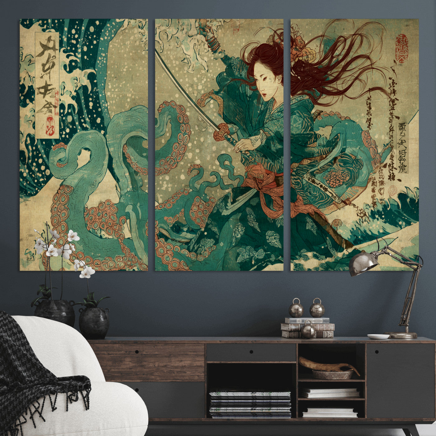 Tsukioka Yoshitoshi Samurai Wall Art Print, Japanese Katana Warrior Canvas Wall Art, Octopus Sea Monster Canvas Print,