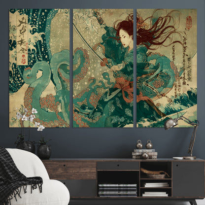 Tsukioka Yoshitoshi Samurai Wall Art Print, Japanese Katana Warrior Canvas Wall Art, Octopus Sea Monster Canvas Print,