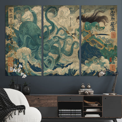Tsukioka Yoshitoshi Samurai Wall Art Print, Japanese Katana Warrior Canvas Wall Art, Octopus Sea Monster Canvas Print,