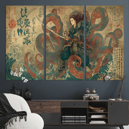 Tsukioka Yoshitoshi Samurai Wall Art Print, Japanese Katana Warrior Canvas Wall Art, Octopus Sea Monster Canvas Print,