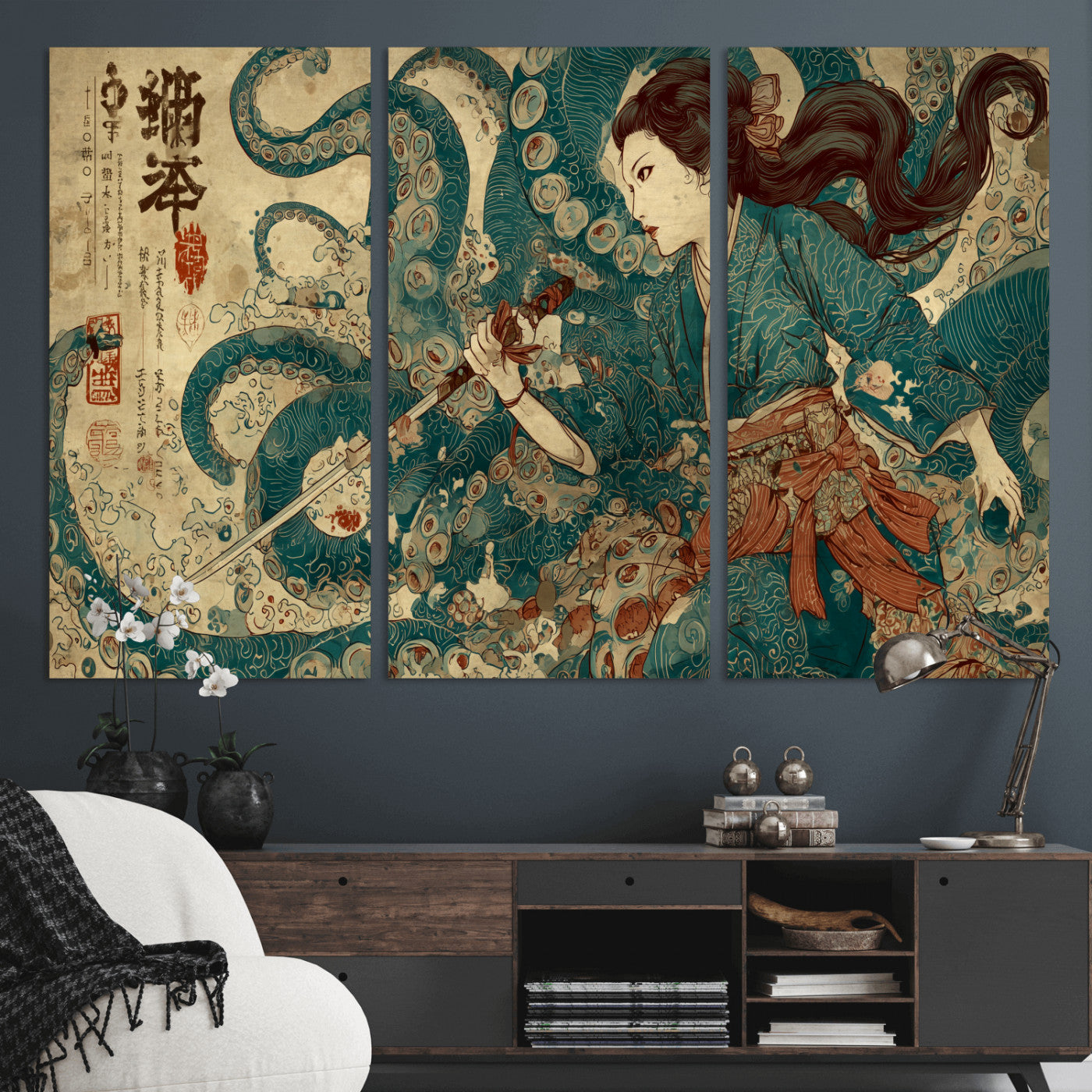 Tsukioka Yoshitoshi Samurai Wall Art Print, Japanese Katana Warrior Canvas Wall Art, Octopus Sea Monster Canvas Print,