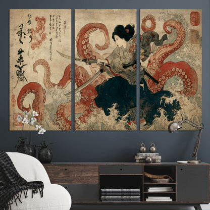 Tsukioka Yoshitoshi Samurai Wall Art Print, Japanese Katana Warrior Canvas Wall Art, Octopus Sea Monster Canvas Print,