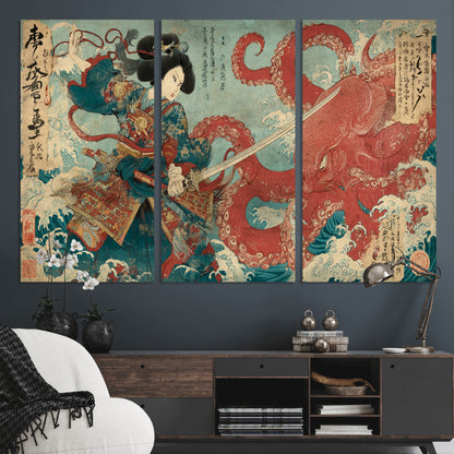 Tsukioka Yoshitoshi Samurai Wall Art Print, Japanese Katana Warrior Canvas Wall Art, Octopus Sea Monster Canvas Print,