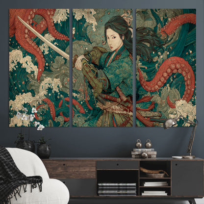 Tsukioka Yoshitoshi Samurai Wall Art Print, Japanese Katana Warrior Canvas Wall Art, Octopus Sea Monster Canvas Print,