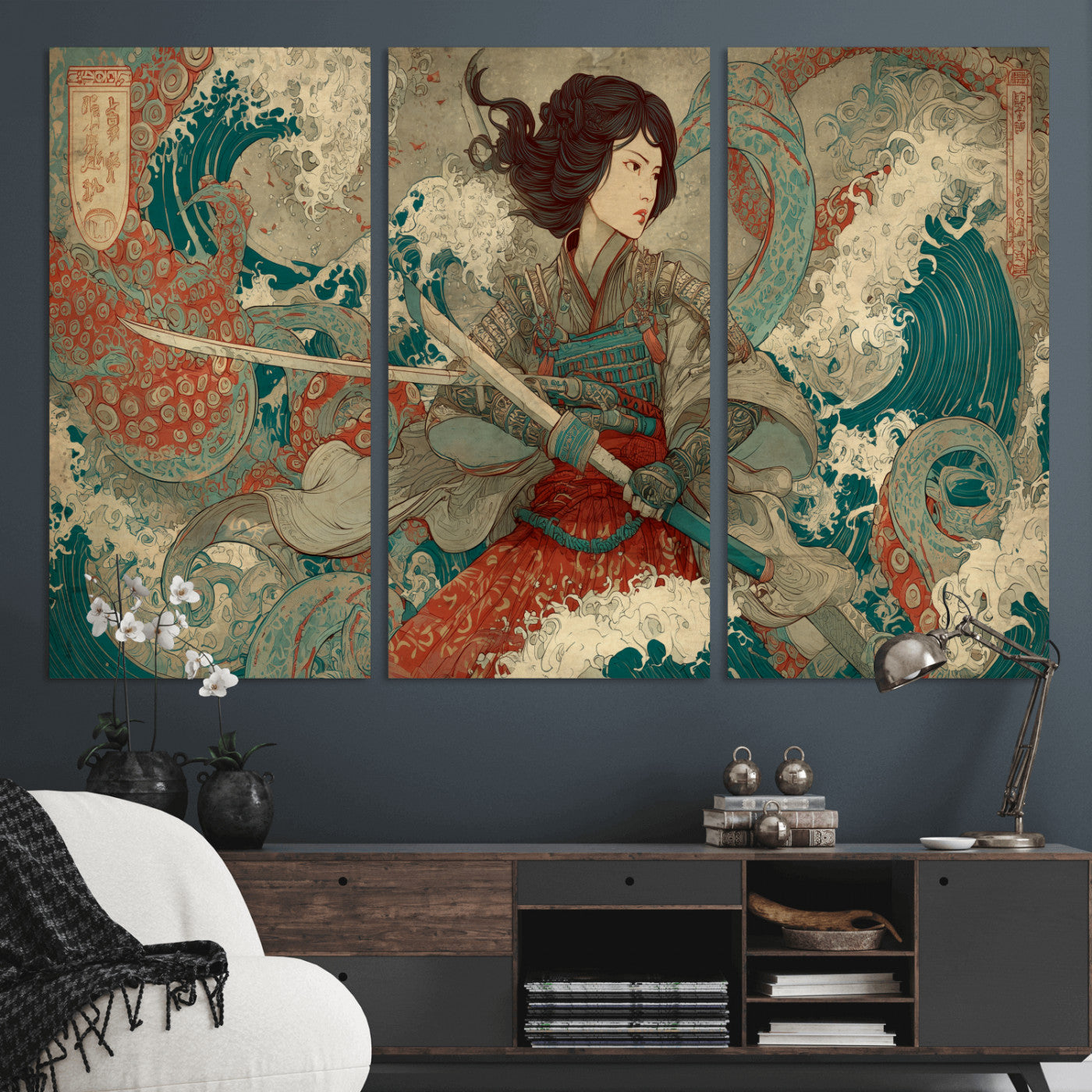 Tsukioka Yoshitoshi Samurai Wall Art Print, Japanese Katana Warrior Canvas Wall Art, Octopus Sea Monster Canvas Print,
