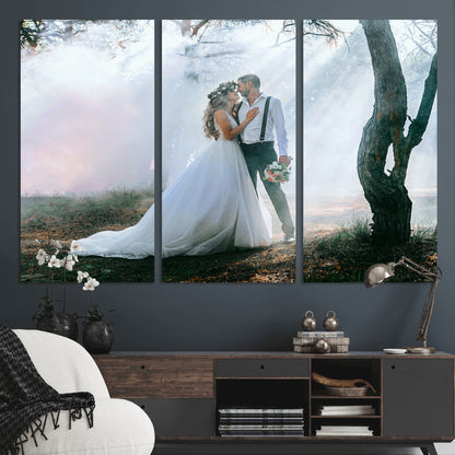 MGV-CV-48X32-3P - Forest Wedding Wall Art – Romantic Bride and Groom Canvas Print, Enchanted Woodland Photography Decor for Bedroom, Living Room, or Wedding Gift