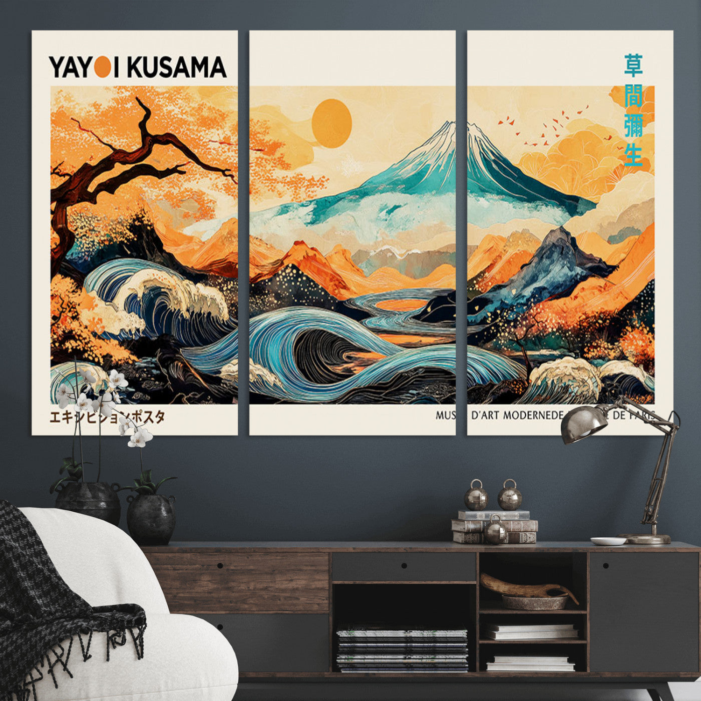 Modern Japanese-style art print featuring a stylized Mount Fuji, flowing waves, and vibrant landscapes in bold colors, inspired by traditional and contemporary aesthetics.