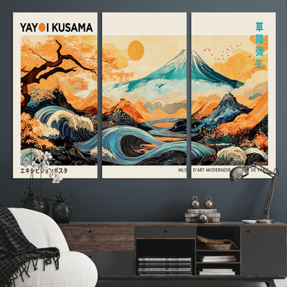 Modern Japanese-style art print featuring a stylized Mount Fuji, flowing waves, and vibrant landscapes in bold colors, inspired by traditional and contemporary aesthetics.