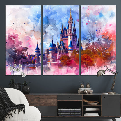Watercolor canvas of a dreamy Disney-style castle in pastel pink and blue tones, perfect for fairytale or whimsical home decor.