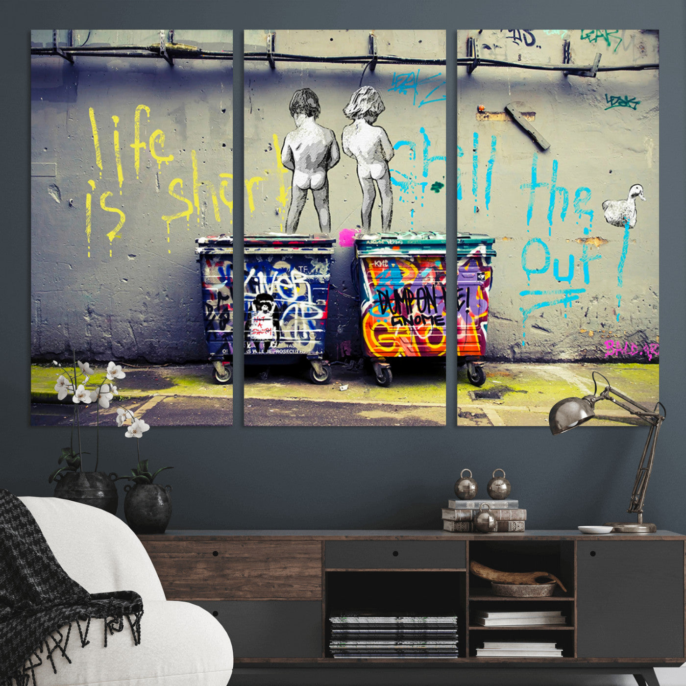 Graffiti-style canvas art with bold text and two naked figures over urban dumpsters, ideal for edgy or street-style decor.