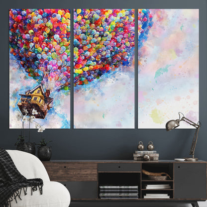 Whimsical canvas of the house from the movie Up flying with colorful balloons, ideal for Pixar or animation-themed decor.