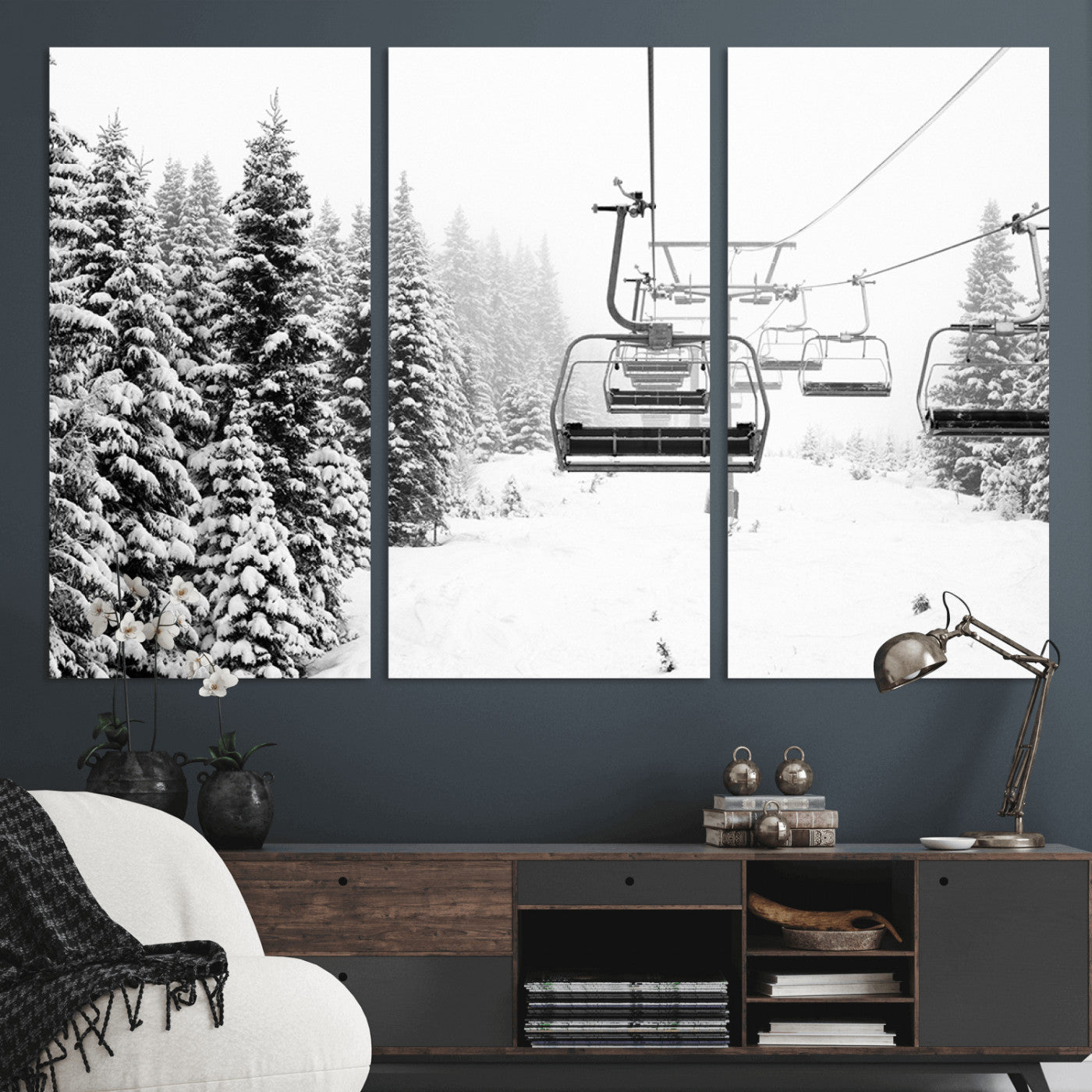 Black and white canvas of empty ski lifts over a snowy pine forest, perfect for minimal winter or ski lodge-inspired decor.