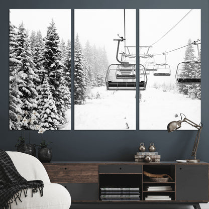 Black and white canvas of empty ski lifts over a snowy pine forest, perfect for minimal winter or ski lodge-inspired decor.