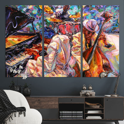 Vibrant oil painting of a jazz band with piano, saxophone, and bass, ideal for colorful and expressive music-themed home decor.