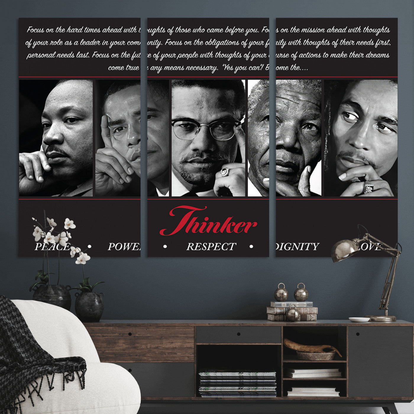 Monochrome canvas of iconic Black leaders with a powerful quote, perfect for modern spaces with a cultural or motivational theme.