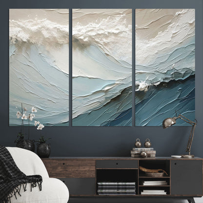 Textured canvas of ocean waves in soft coastal blues and creamy whites, ideal for modern or minimalist coastal-style interiors.