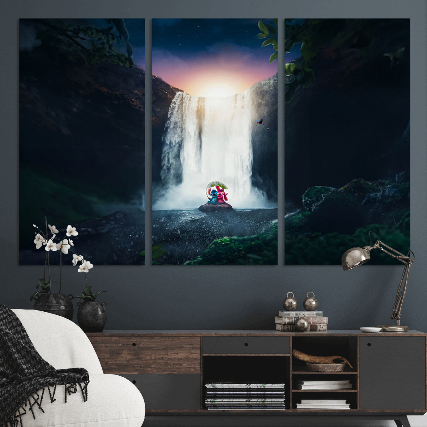 Romantic scene of Stitch and Angel sitting under a leaf in front of a glowing waterfall, ideal for tropical or fantasy-themed decor.