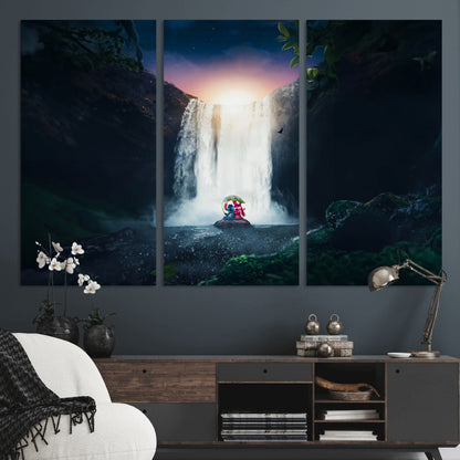 Romantic scene of Stitch and Angel sitting under a leaf in front of a glowing waterfall, ideal for tropical or fantasy-themed decor.