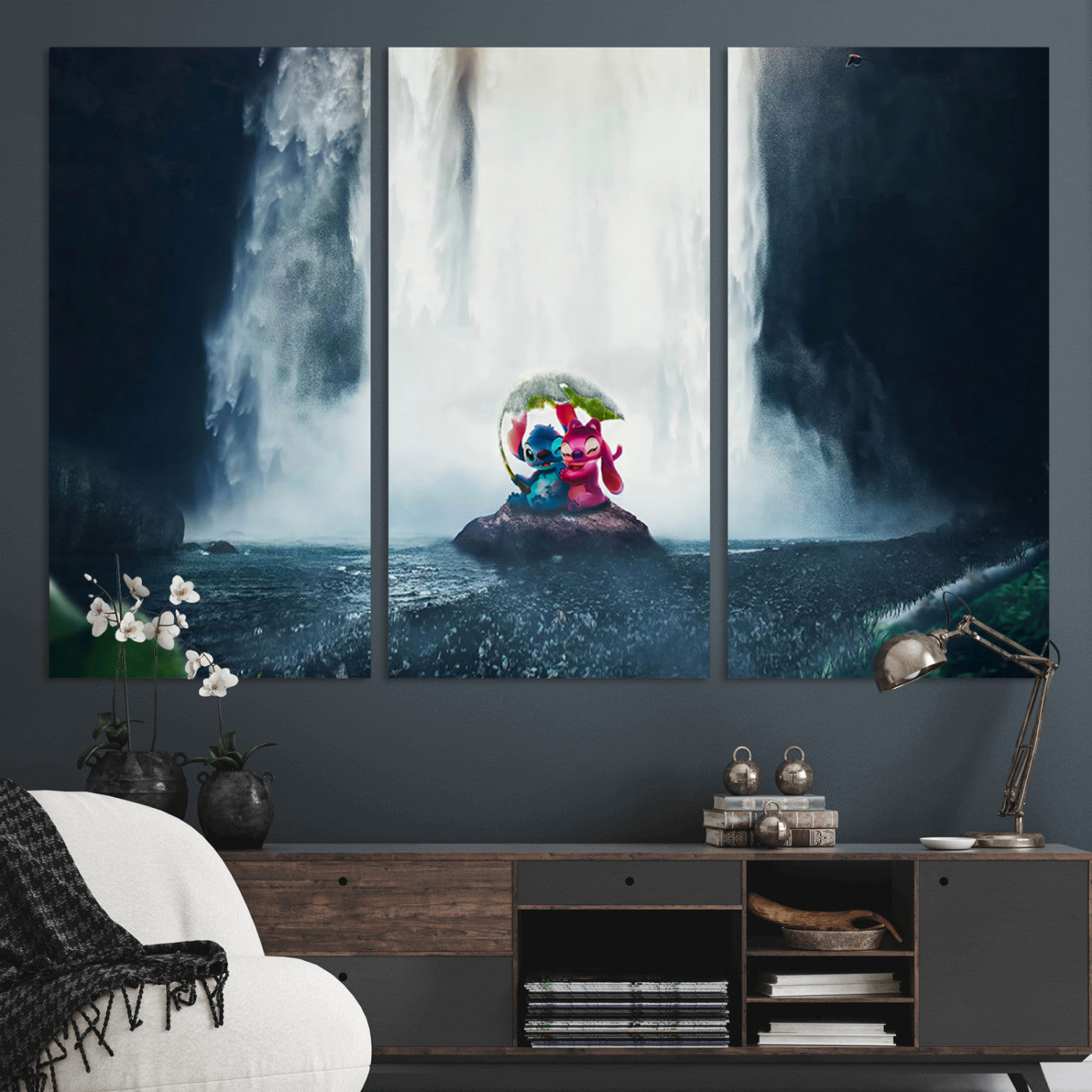 Fantasy canvas of Stitch and Angel under a leaf umbrella in front of a dramatic waterfall, perfect for moody jungle-themed or animated decor.