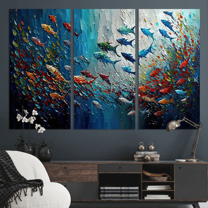 Colorful painting of fish swimming in abstract ocean swirls, perfect for vibrant marine-themed or expressive coastal home decor.