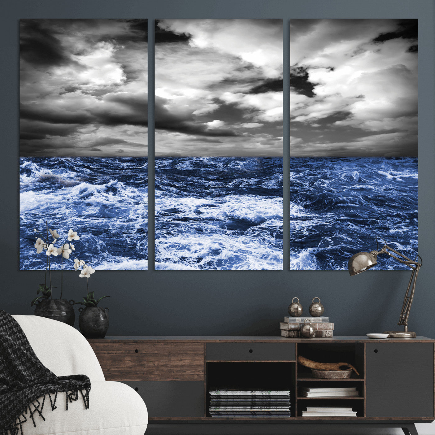 Moody canvas wall art of a stormy ocean under a dramatic black-and-white sky, perfect for bold or coastal-style interiors.