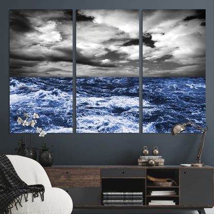 Moody canvas wall art of a stormy ocean under a dramatic black-and-white sky, perfect for bold or coastal-style interiors.