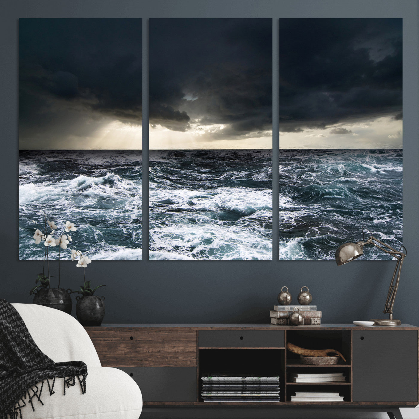 Moody ocean scene with stormy skies and crashing waves, perfect for dramatic or coastal-style home wall decor.