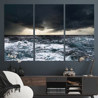 Moody ocean scene with stormy skies and crashing waves, perfect for dramatic or coastal-style home wall decor.