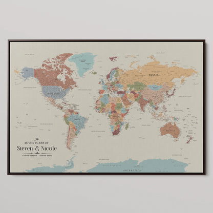 77826024-MGV-CV-36X24-Personalized Travel Map Canvas Print – Custom Framed Push Pin World Art Gift for Couples, Anniversaries, or Explorer-Themed Decor