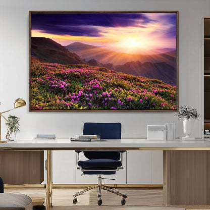-Mountain Sunrise Wall Art – Vibrant Floral Landscape Canvas Print, Nature Home Decor for Living Room, Bedroom Office or Cabin