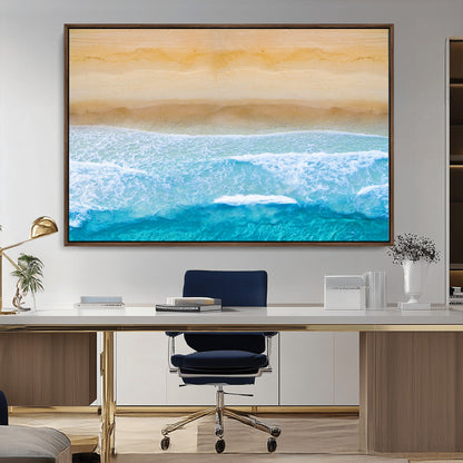 -Aerial Beach Wall Art – Serene Ocean Waves & Sandy Shore Canvas Print, Coastal Home Decor for Living Room, Bedroom or Office
