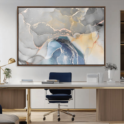 -Abstract Fluid Art Wall Decor – Blue, Gray & Gold Canvas Print, Modern Home and Office Wall Art Decor for Living Room, Bedroom or Workspace