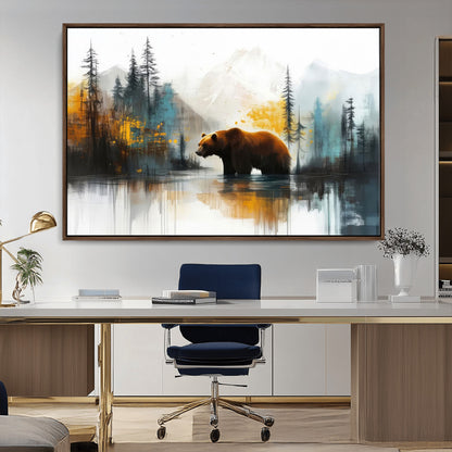 A majestic bear stands by the serene waters of a misty forest, surrounded by towering trees and distant mountains, evoking the raw beauty and wild spirit of nature.