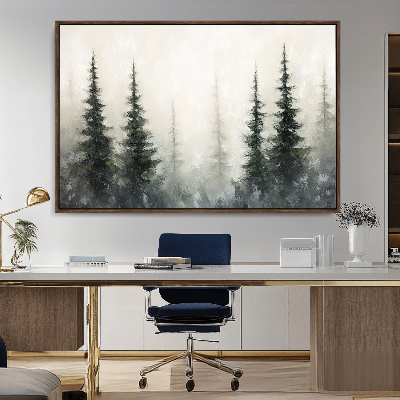 Soft and misty pine forest painting in neutral earthy tones, ideal for calm woodland or minimalist rustic home decor.