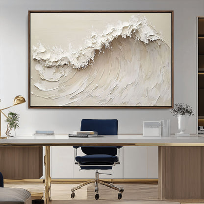Textured canvas of an abstract white ocean wave in neutral tones, ideal for modern coastal or minimalist home decor.