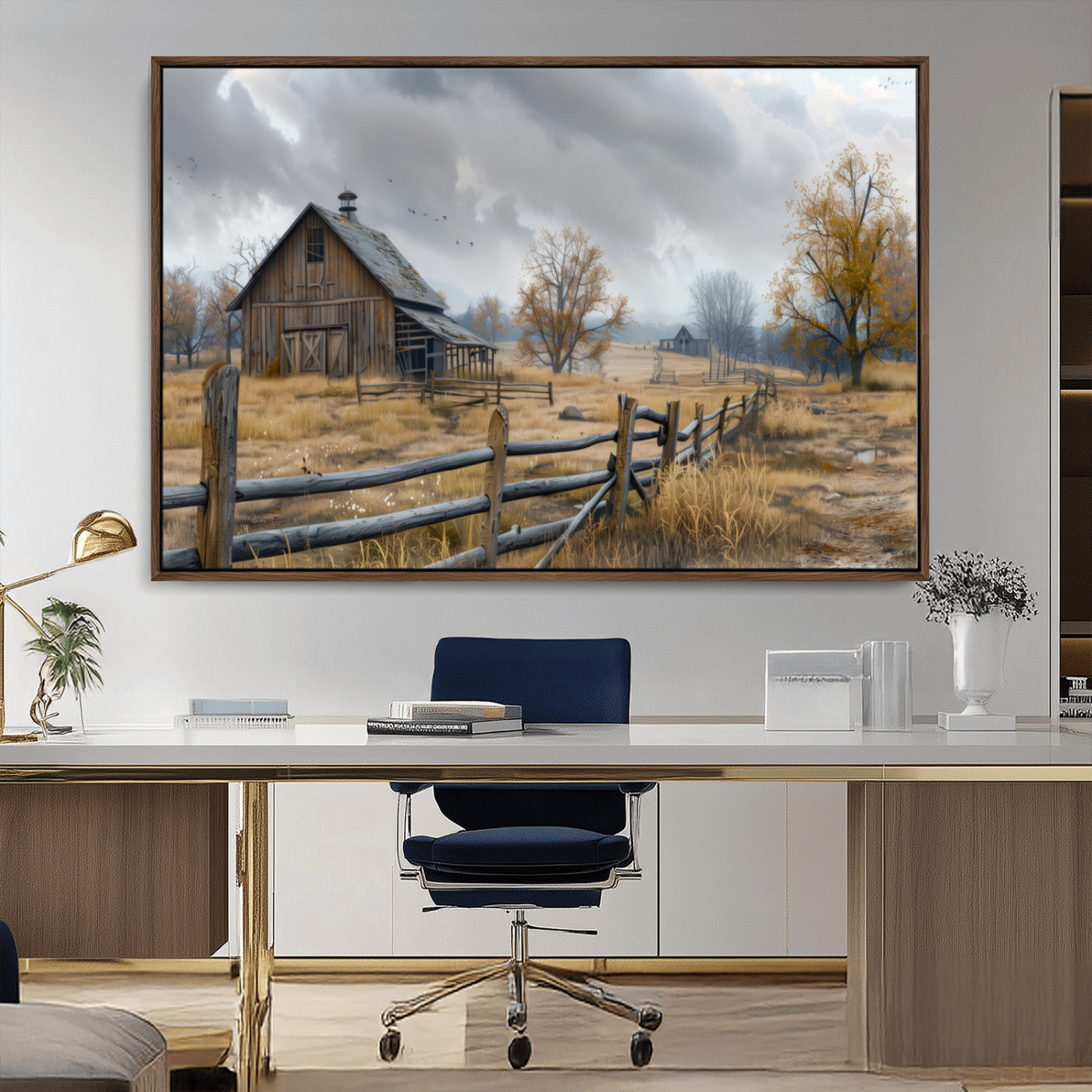 A tranquil rural scene featuring a rustic barn, overcast skies, and golden fields with scattered trees, evoking a sense of peaceful solitude in nature.