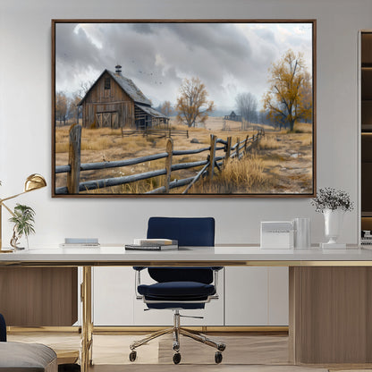 A tranquil rural scene featuring a rustic barn, overcast skies, and golden fields with scattered trees, evoking a sense of peaceful solitude in nature.