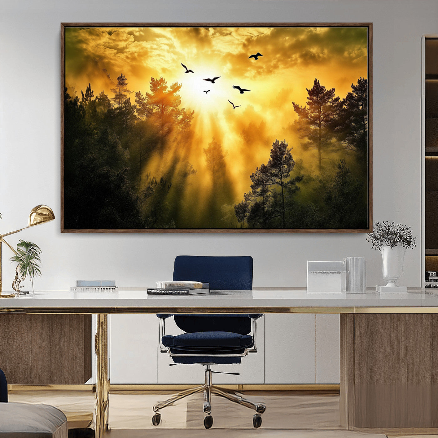 Canvas of a golden forest at sunset with birds flying through glowing sunbeams and silhouetted pine trees, ideal for warm-toned rustic decor.