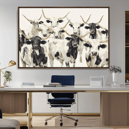 Canvas of a Texas Longhorn cattle herd in neutral black and white tones, ideal for rustic farmhouse or western-themed decor.