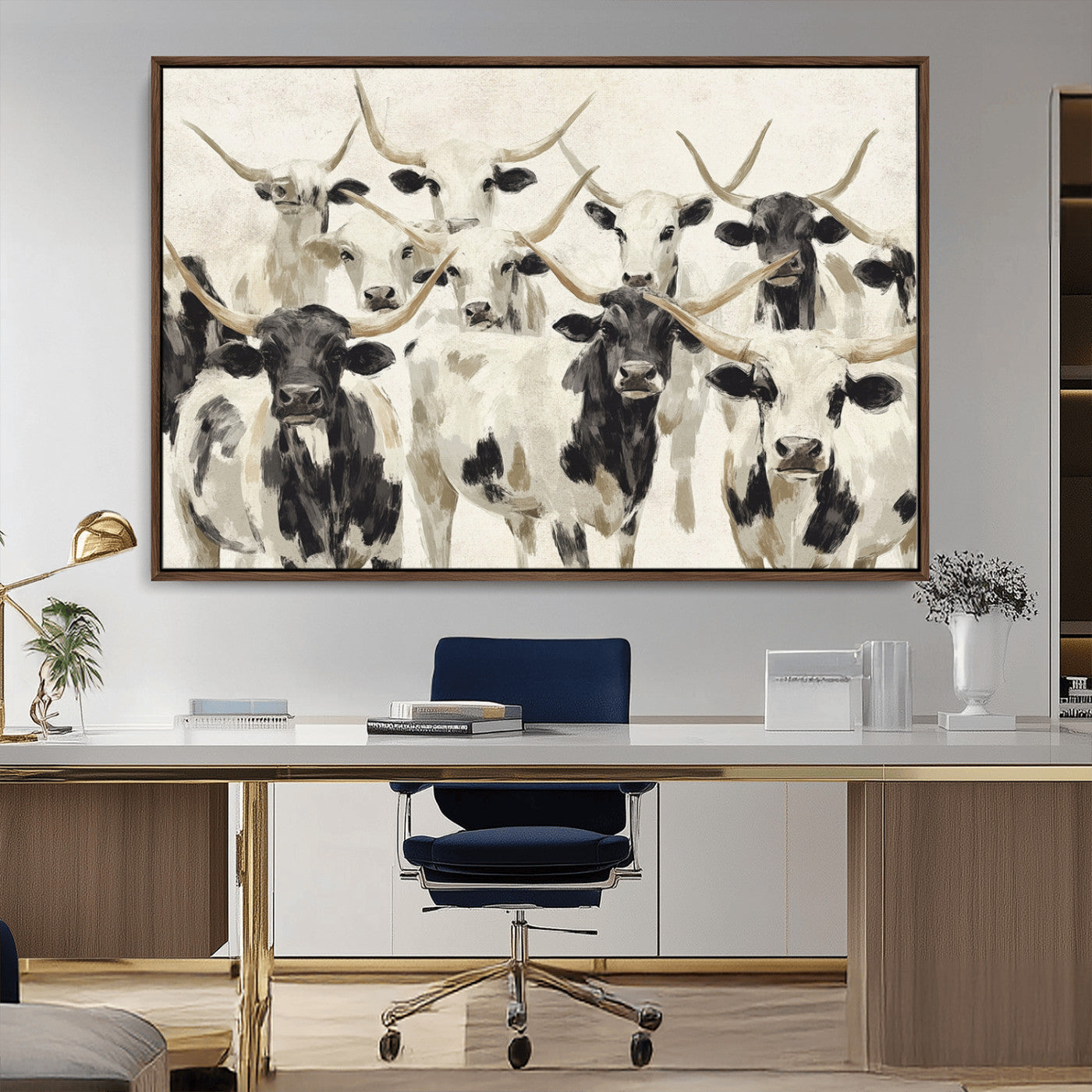 Canvas of a Texas Longhorn cattle herd in neutral black and white tones, ideal for rustic farmhouse or western-themed decor.