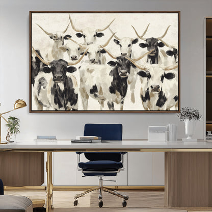 Canvas of a Texas Longhorn cattle herd in neutral black and white tones, ideal for rustic farmhouse or western-themed decor.
