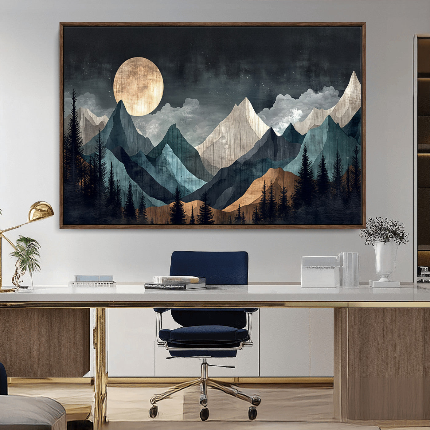 Stylized canvas of layered mountains under a full moon in neutral moody tones, ideal for nature-inspired or modern rustic interiors.
