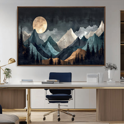 Stylized canvas of layered mountains under a full moon in neutral moody tones, ideal for nature-inspired or modern rustic interiors.