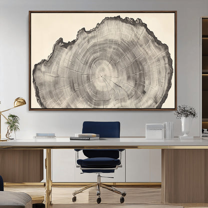 Detailed tree ring drawing in monochrome tones, ideal for rustic or nature-inspired interiors with a minimal decor aesthetic.