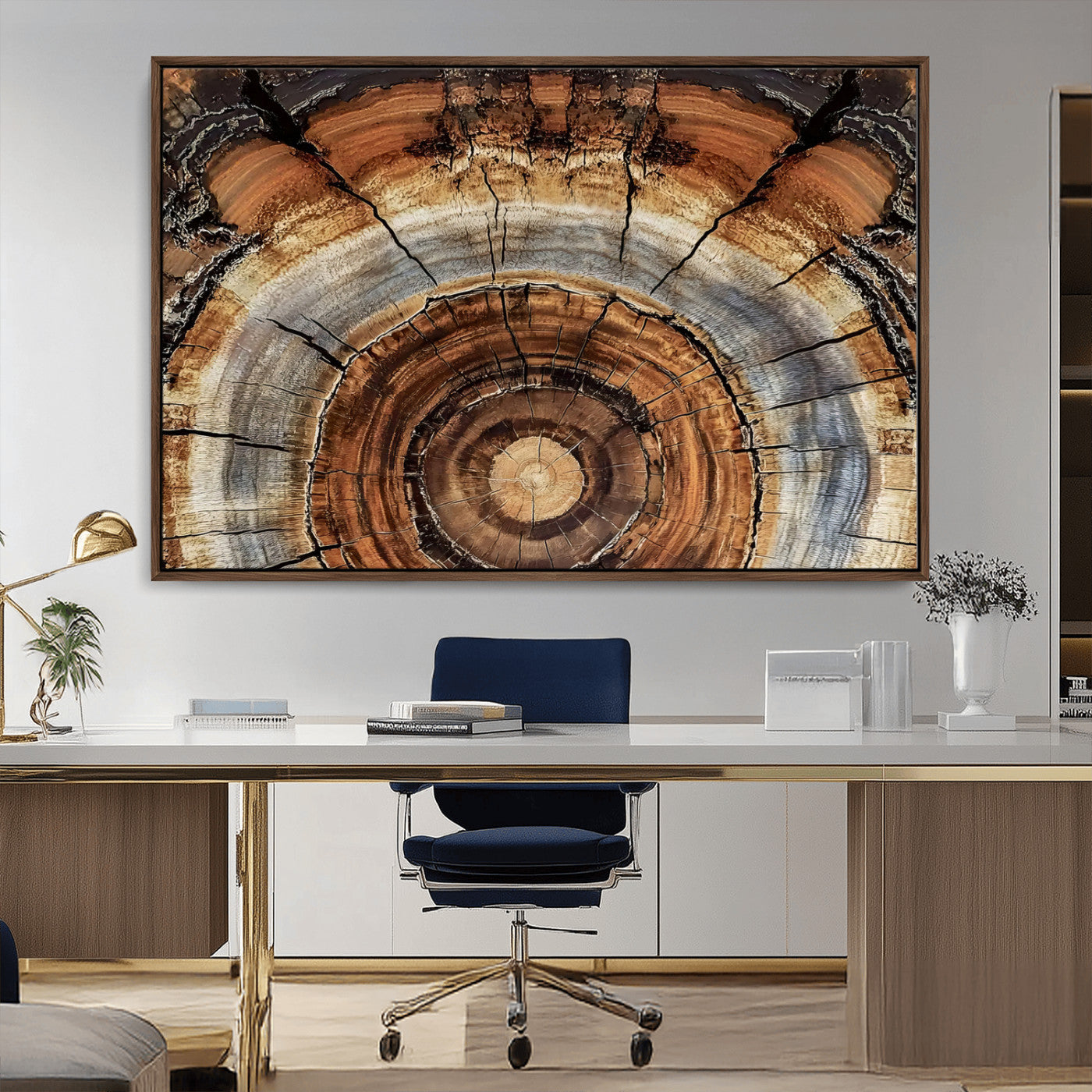Canvas of tree rings and natural wood grain in earthy tones, ideal for rustic or vintage-inspired home decor with organic textures.