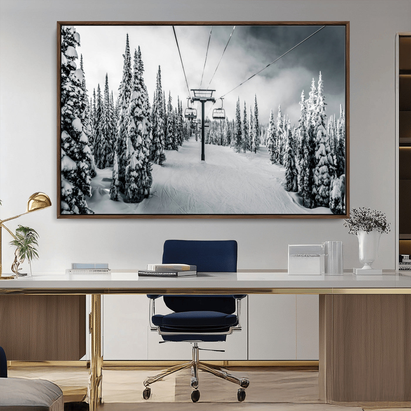 Canvas of a snowy ski lift scene through a forest of tall pine trees, ideal for moody winter or alpine-themed home decor.